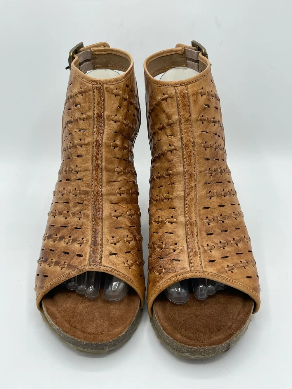 Diba True Need Be Tan Distressed Boho Perforated Leather Wedge Sandals.